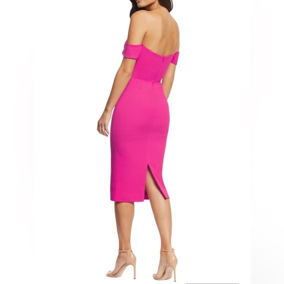 Dress The Population Bailey Off-The-Shoulder Slim Midi Dress Hot Pink Size M - Picture 4 of 13